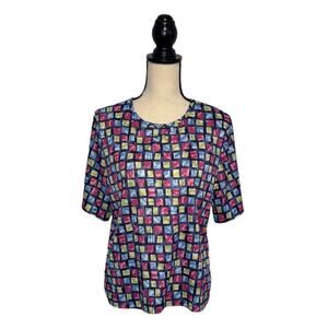 VTG Blair Jewel Tone Square Print Short Sleeve Blouse Womens Size Medium Multi